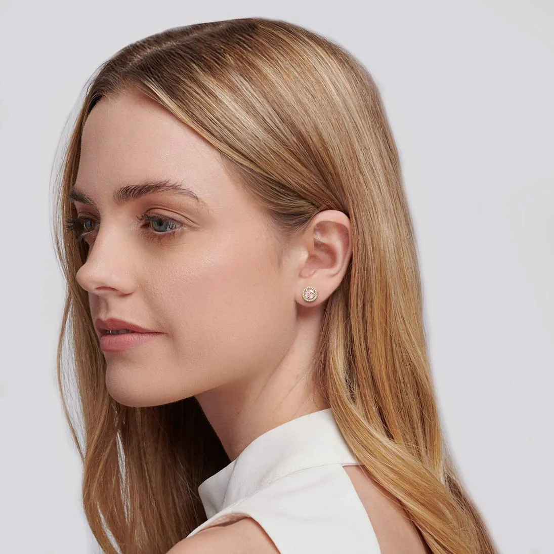 VOGUE - Round Champagne Sapphire & Diamond 18k Yellow Gold Halo Earrings