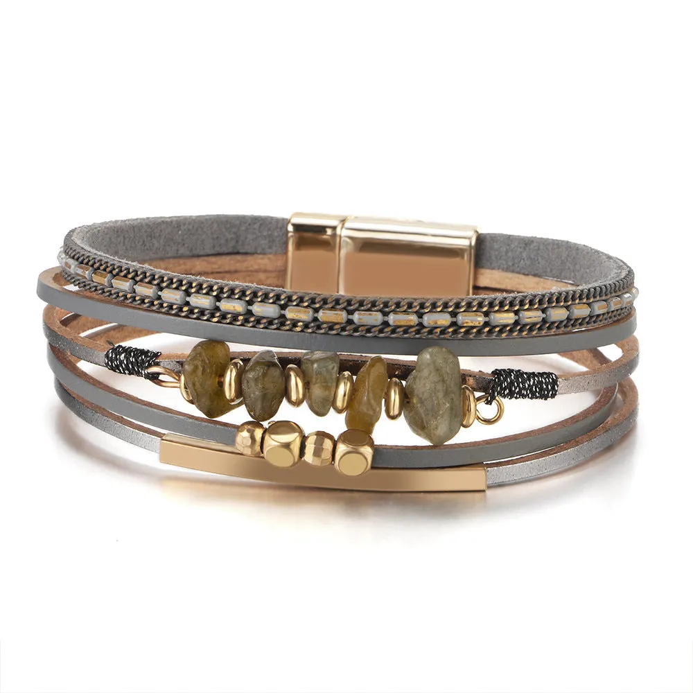 Wholesale Boho Style Natural Stone Beaded Leather Magnetic Bracelet