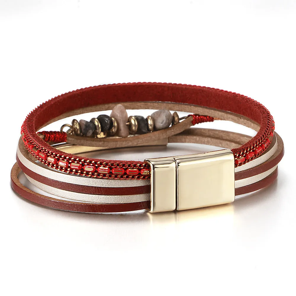 Wholesale Boho Style Natural Stone Beaded Leather Magnetic Bracelet