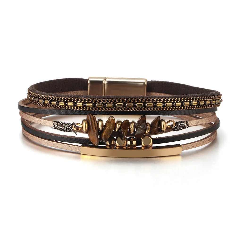 Wholesale Boho Style Natural Stone Beaded Leather Magnetic Bracelet