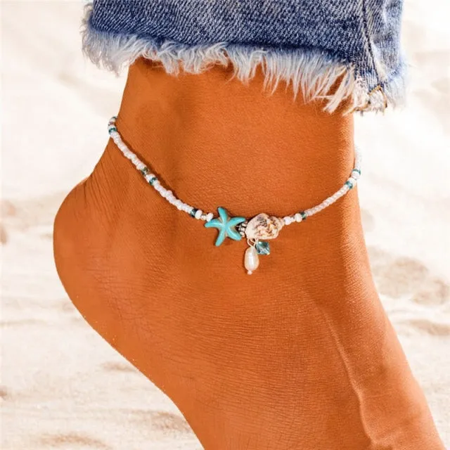 Women Blue Shell Beads Starfish Turtle Anklets