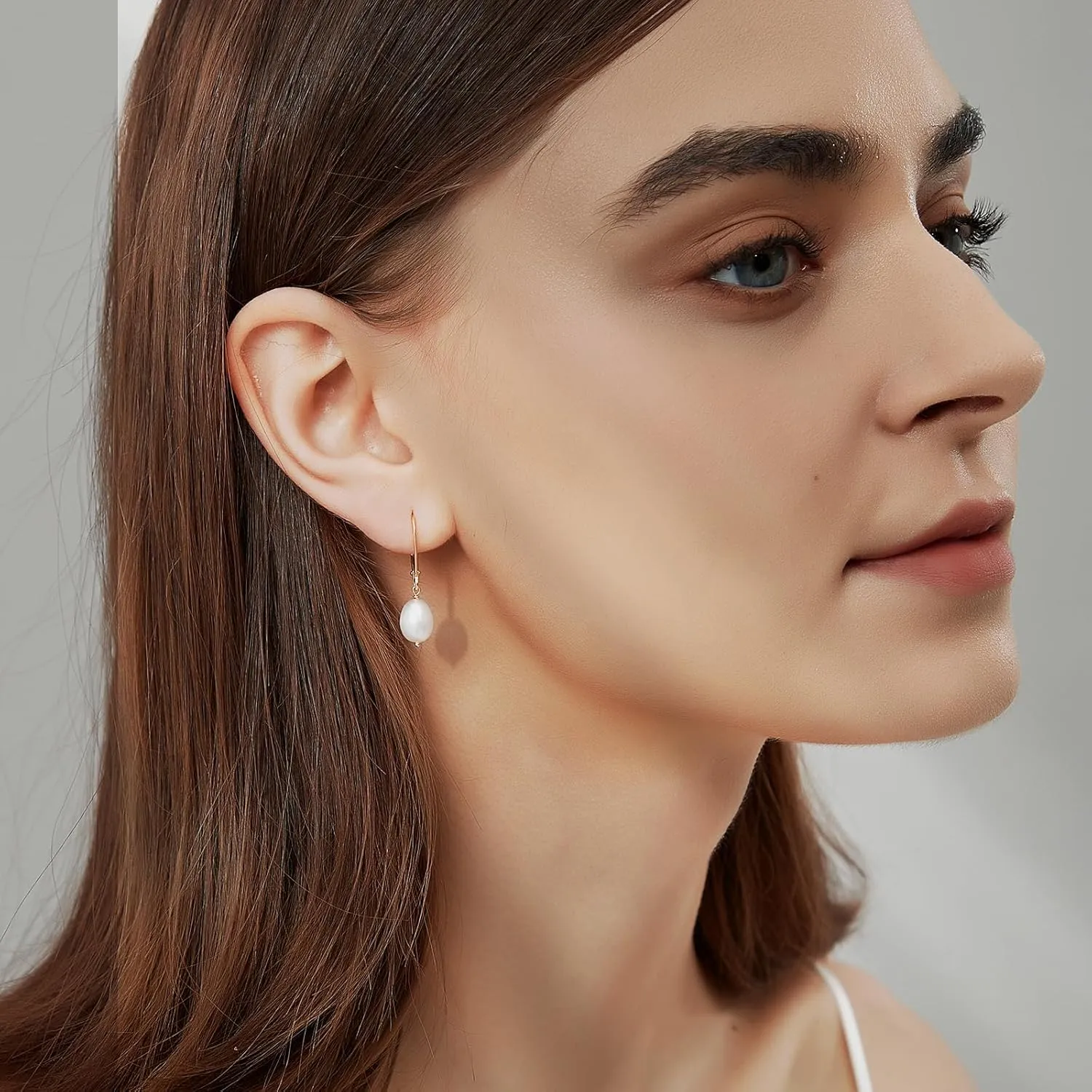 Women Yellow Gold Pearl Dangle Earrings, 14K Yellow Gold Plated Pearl Drop Earrings