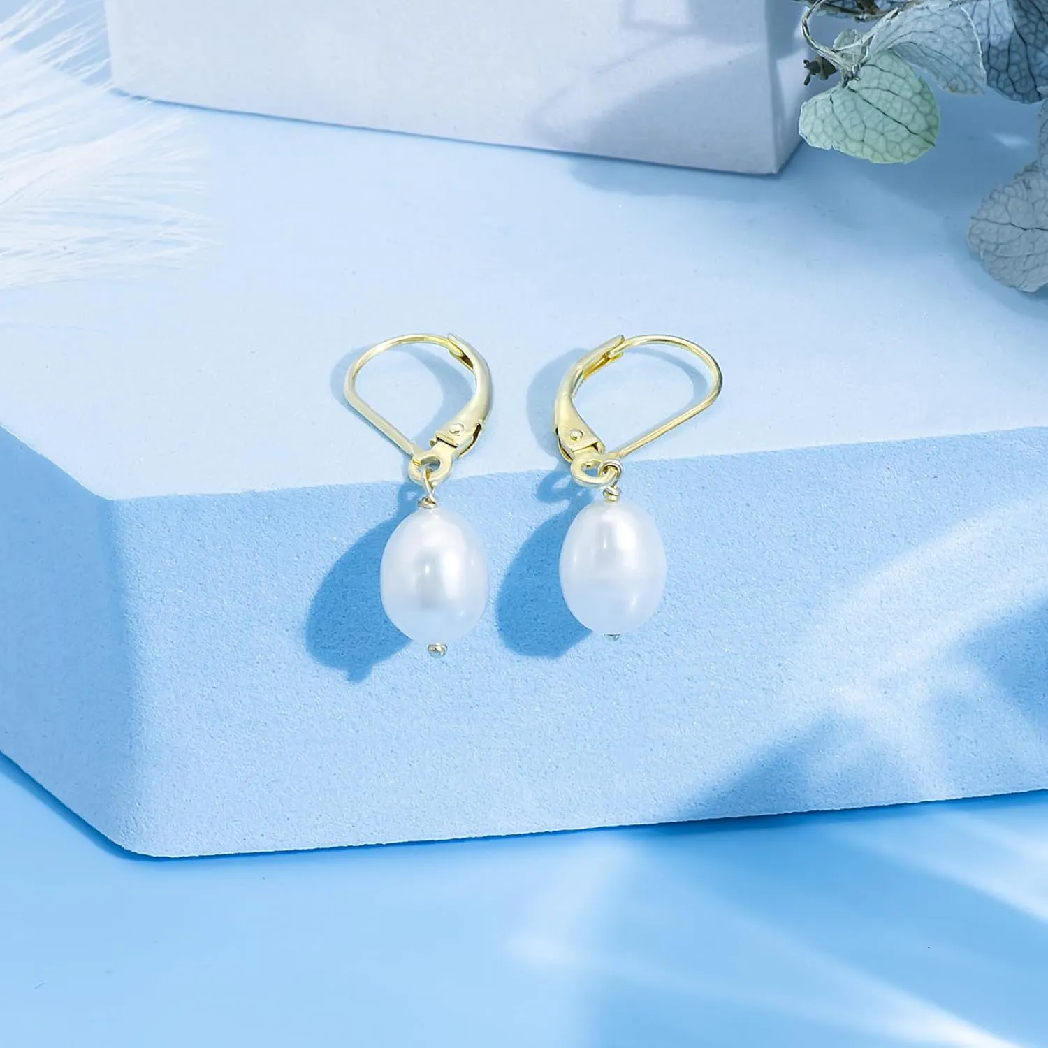 Women Yellow Gold Pearl Dangle Earrings, 14K Yellow Gold Plated Pearl Drop Earrings